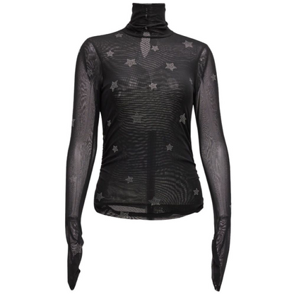 Cinq A Sept Star Shirred Mesh Turtleneck Top Black