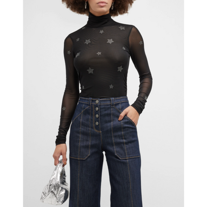 Cinq A Sept Star Shirred Mesh Turtleneck Top Black