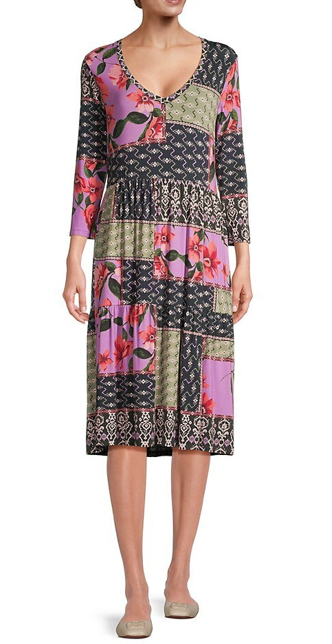 Johnny Was Women's Zanda 3/4 Sleeve Tiered Tea Length Dress Multi T-Shirt