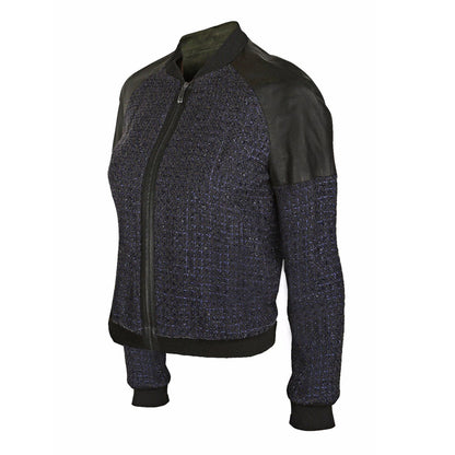 Elie Tahari Women's Sandie Blue Black Boucle Bomber Jacket