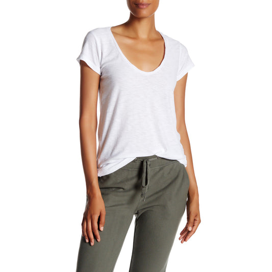 James Perse Women's White Deep V-Neck Scoopy Neck T-Shirt Standard