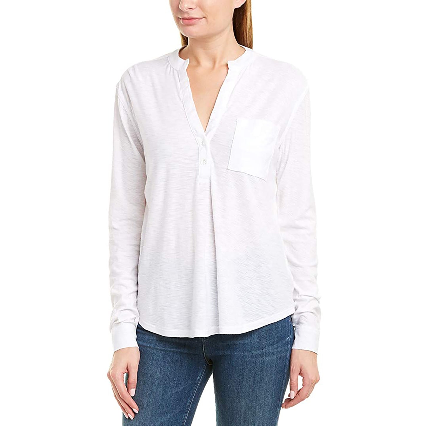 James Perse Women's White V-Neck Slub Button Down T-Shirt (3)