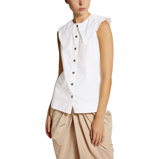 Ganni Women's White Cotton Sleeveless Blouse with Ruffle Trim Collar