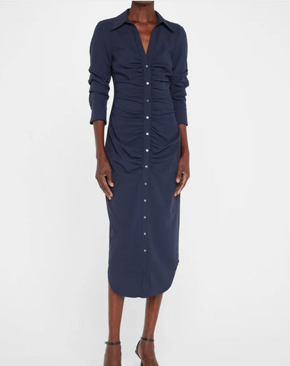 Cinq A Sept Women Elina Button Down Ruched Midi Shirt Dress Navy