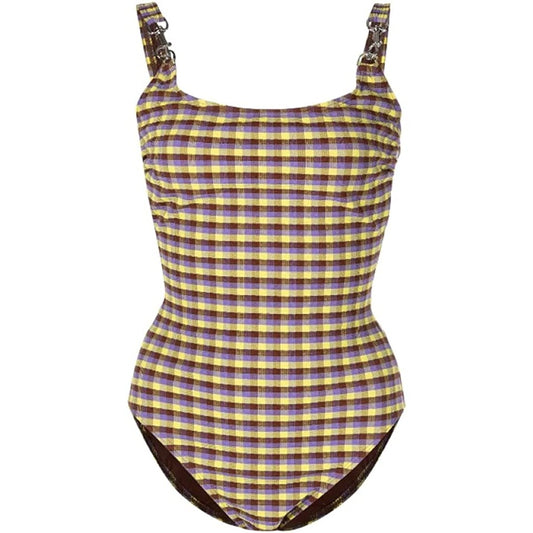 Tory Burch Women's Woven Clip Tank One Piece Swimsuit Purple Veronica Plaid