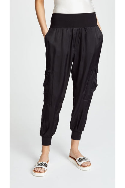 Cinq à Sept Women Giles Black Silk Cuffed Cargo Pockets Jogger Pants