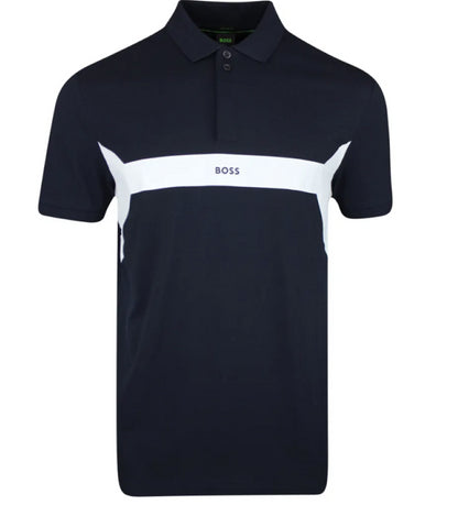 Hugo Boss Men's Paddy 2 Short Sleeve White Stripe Polo Shirt, Navy