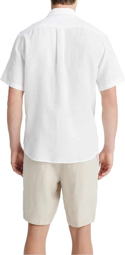 Vince Men's Linen Casual Button Down Short Sleeve Shirt, Optic White