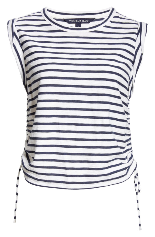 Veronica Beard Vinci Side Ruched Pima Cotton Top, Off-White/Marine Stripe