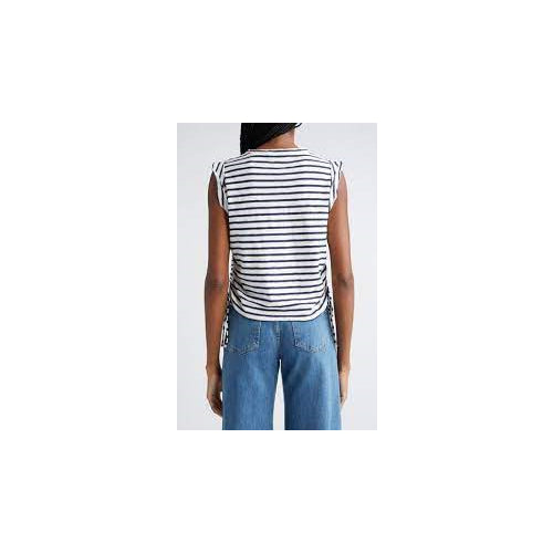 Veronica Beard Vinci Side Ruched Pima Cotton Top, Off-White/Marine Stripe