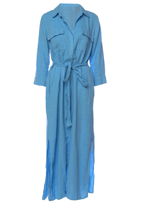 L'Agence Women's Cameron Linen Blend Shirt Midi Dress, Blue Mist