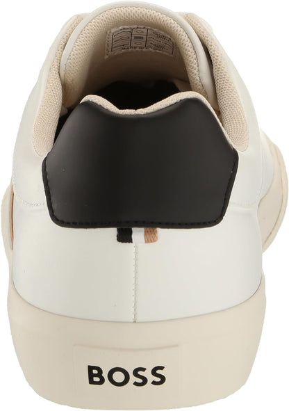 Hugo Boss Men's Aiden Logo Block Leather Low Top Sneaker, Black Pepper/White Salt