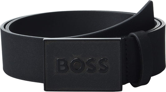 Hugo Boss Men's Icon Logo Plaque Leather Belt, Black Onyx