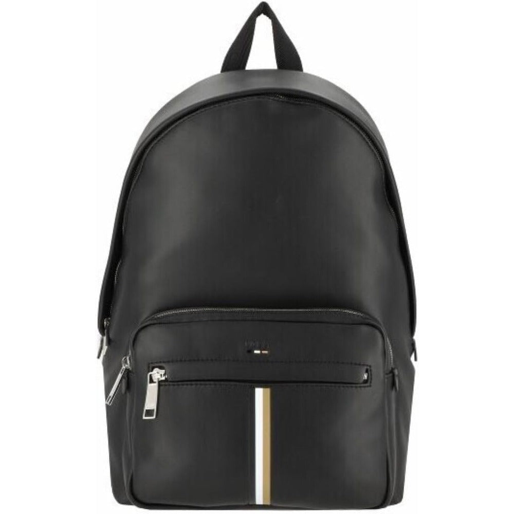 Hugo Boss Men's Ray Vegan Leather Backpack with Branded Stripes, Black