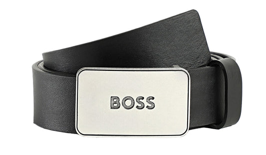 Hugo Boss Men's Icon Black Leather Silver Buckle Belt