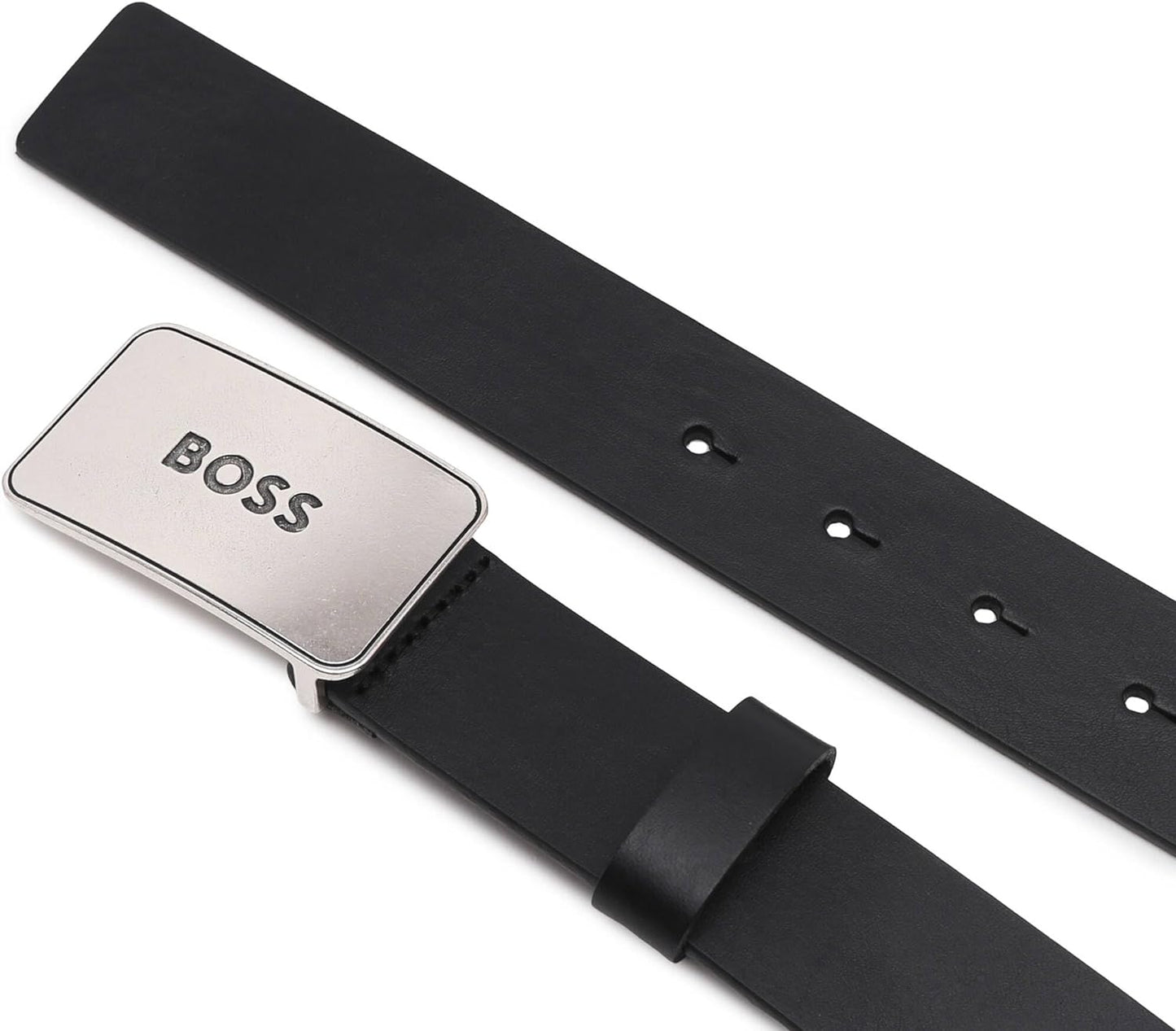 Hugo Boss Men's Icon Black Leather Silver Buckle Belt