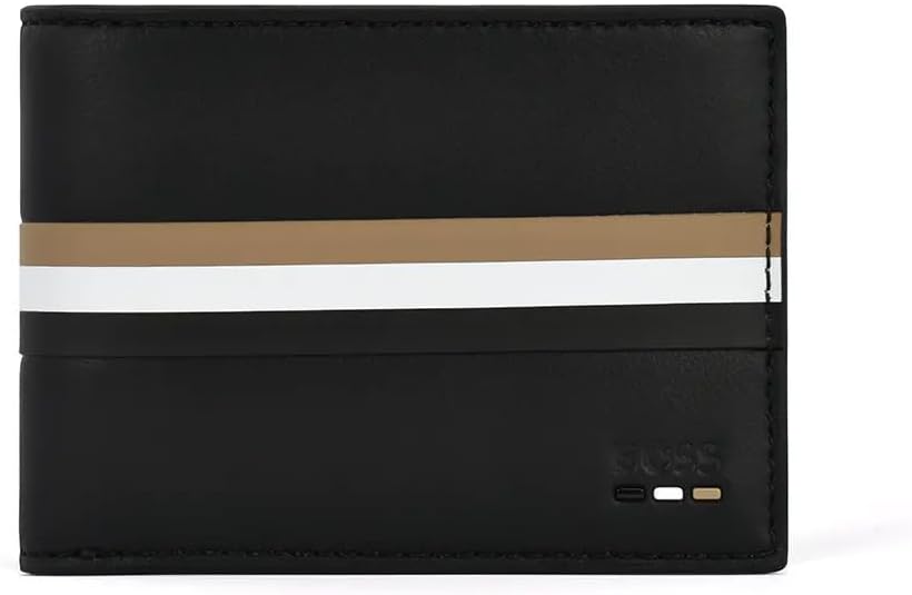 Hugo Boss Men's Ray Vegan Leather Bifold Wallet with Logo Stripes, Black