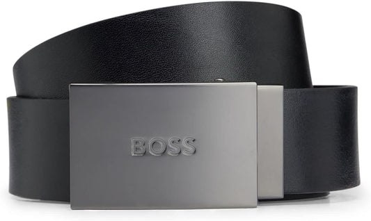 Hugo Boss Men's Jion Black Leather Silver Buckle Adjustable Belt