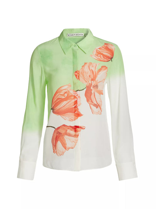 alice + olivia Brady Ombre Floral Silk Button Down Shirt, Dream Life Sharp Green