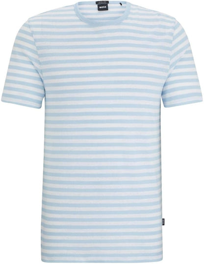 Hugo Boss Men's Tiburt 457 Striped Linen Short Sleeve Crew Neck T-Shirt, Light Blue/White