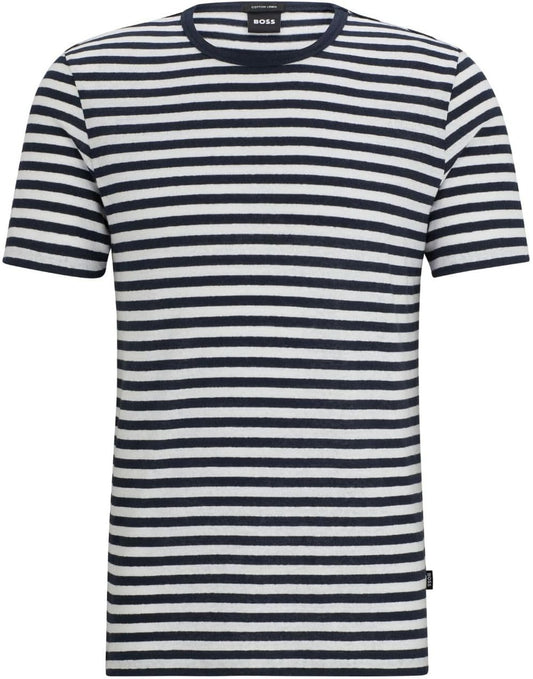 Hugo Boss Men's Tiburt 457 Striped Linen Short Sleeve Crew Neck T-Shirt, Navy/White