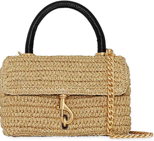 Rebecca Minkoff Women's Edie Top Handle Raffia Crossbody Handbag, Neutral/Black