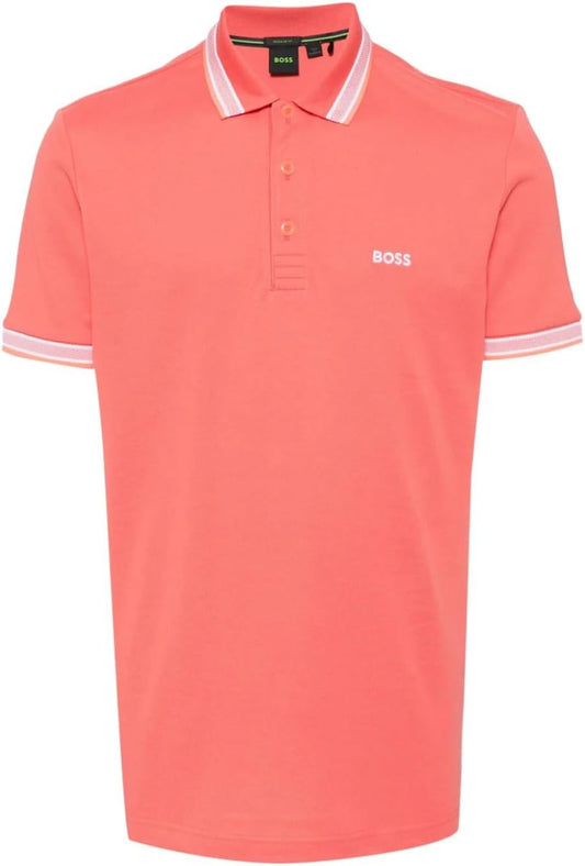 Hugo Boss Men's Paddy Short Sleeve Contrast Color Polo Shirt, Fiery Coral