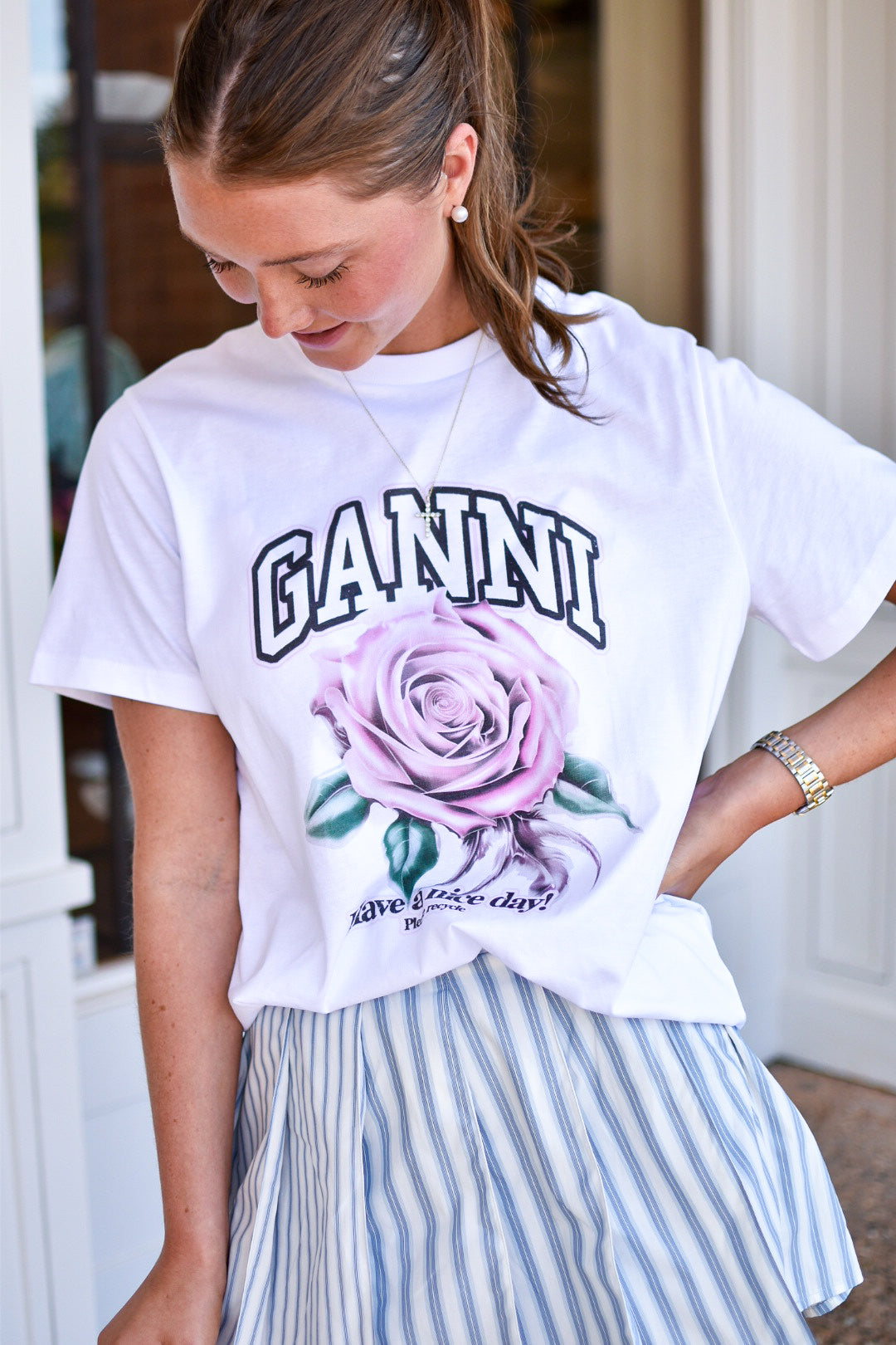 Ganni Women's Rose Print Tee, Bright White