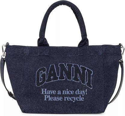 Ganni Women's Small Easy Denim Shopper Tote Bag, Dark Navy