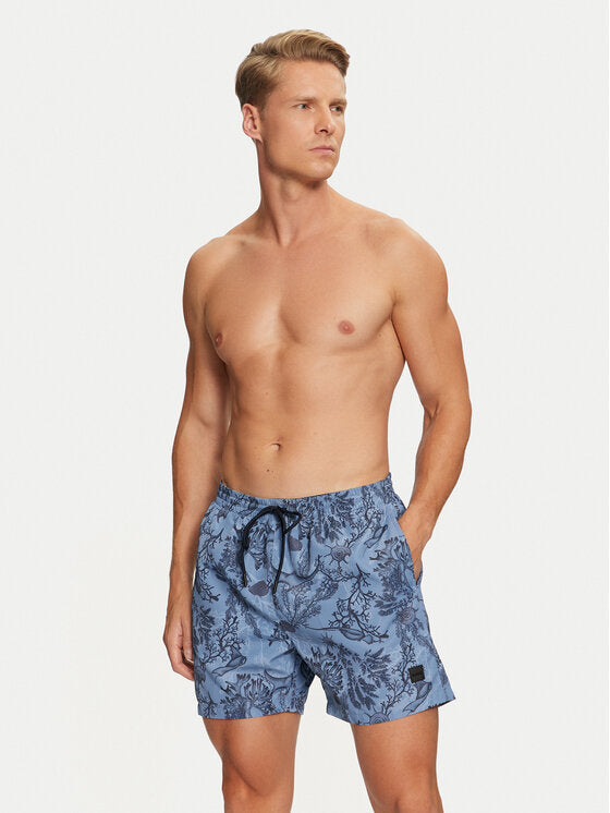 Hugo Boss Men's Reel Swim Trunks, Light Blue Palm Leaf