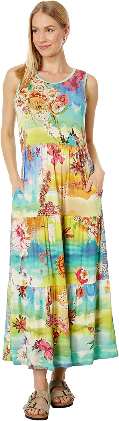 Johnny Was Tie-Dye Sleeveless Tiered Midi Dress Multi