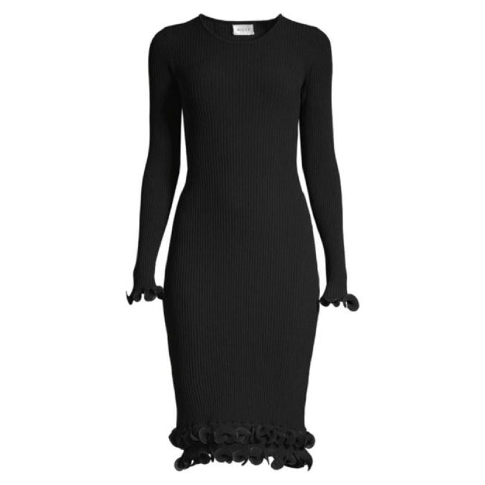 MILLY Women's Wired Edge Long Sleeve Ribbed Fitted Black Dress