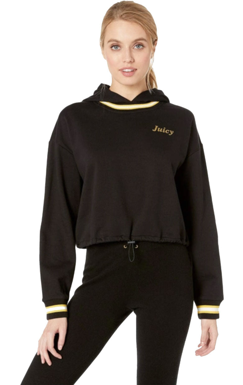 Juicy Couture Women's Black Fleece Hooded Cropped Cinched Pullover with Hoodie