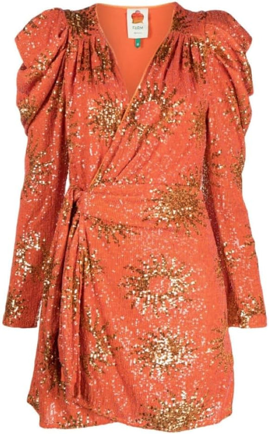 Farm Rio Women Sunny Mood Orange Sequin Long Sleeve Cut Out Midi Dress