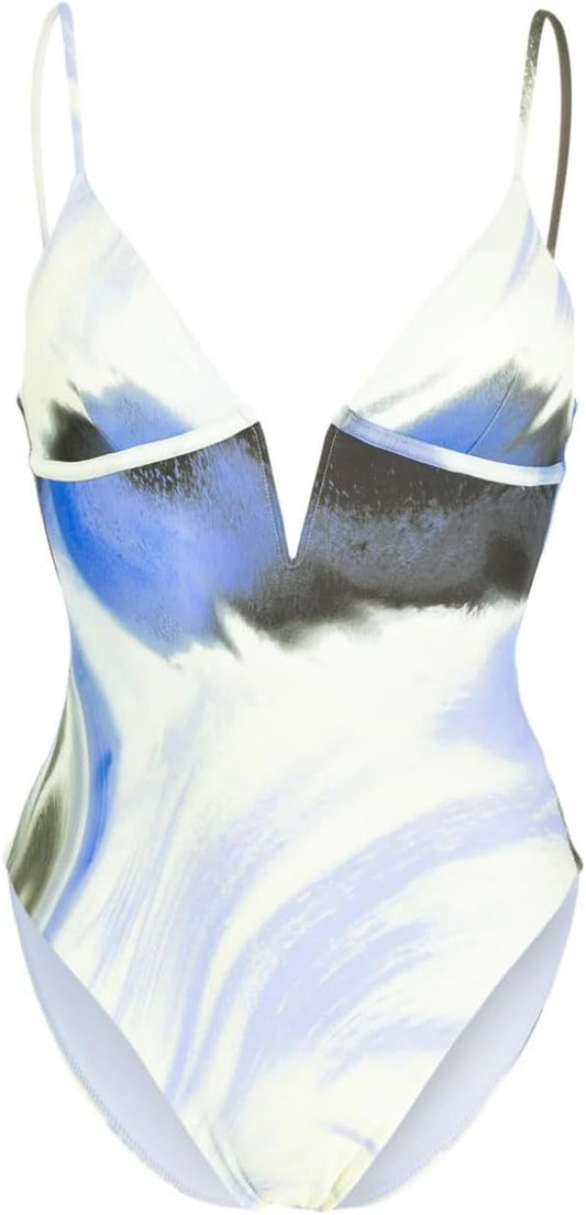 Simkhai Women Maelle V-Neck One Piece Swimsuit Marina Blue Print