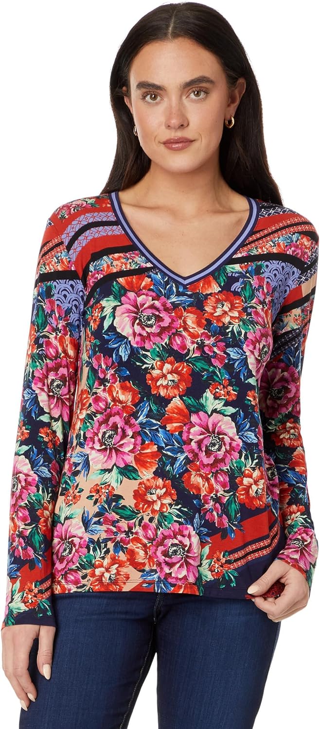 Johnny Was Women's The Janie Favorite Long Sleeve V-Neck Tee, Multi