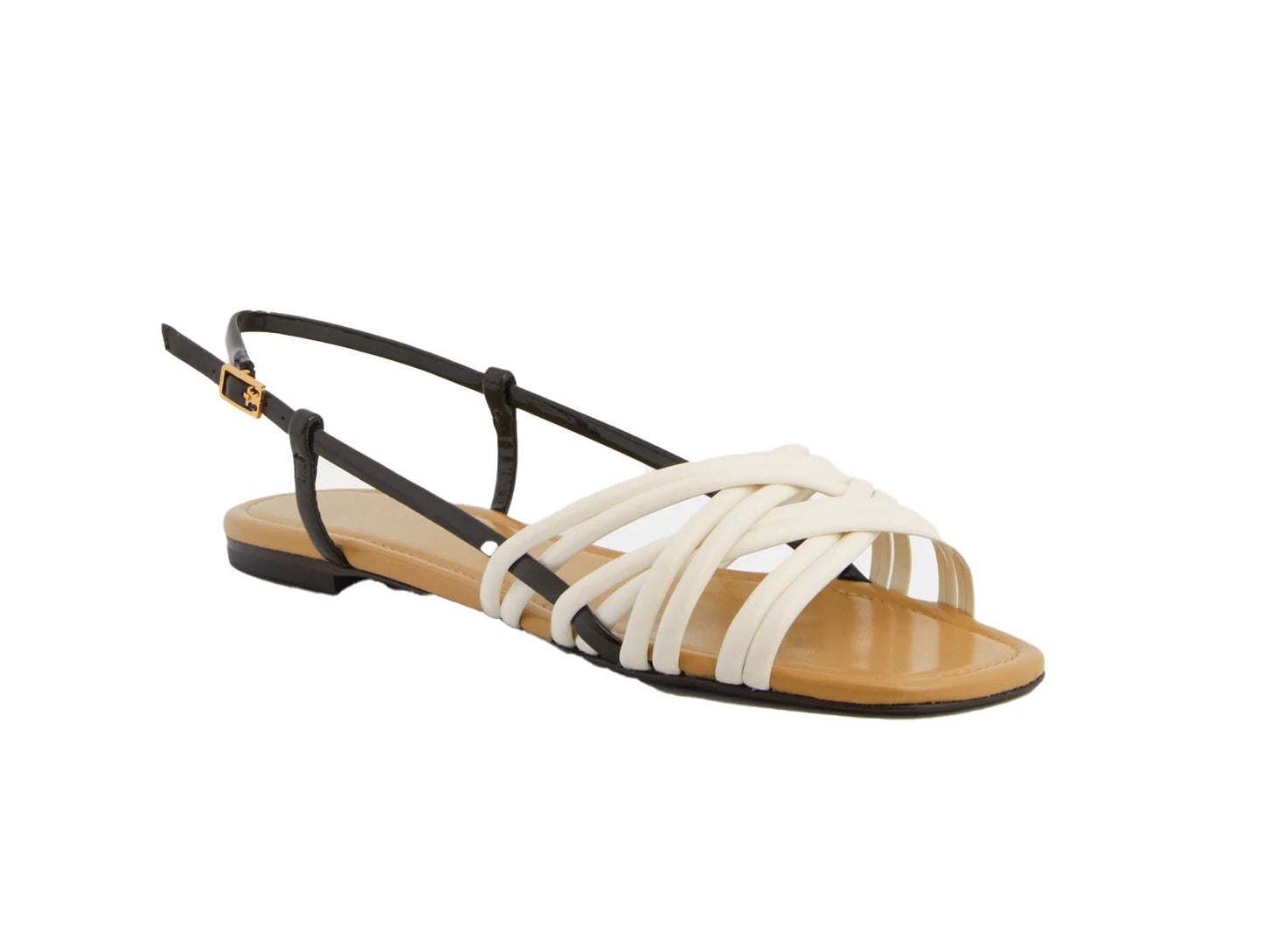 Tory Burch Women's Multi Strap Sandal Patent Leather Flats, New Ivory/Coco/Ginger Shortbread