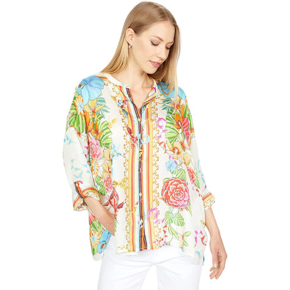 Johnny Was Women's Long Sleeves Sabrina Button Up Silk Blouse Multi Color Floral