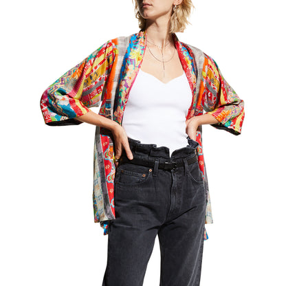 Johnny Was Women's Anastasia Multi Color Silk Loose Fit Kimono Top Blouse Open Fit