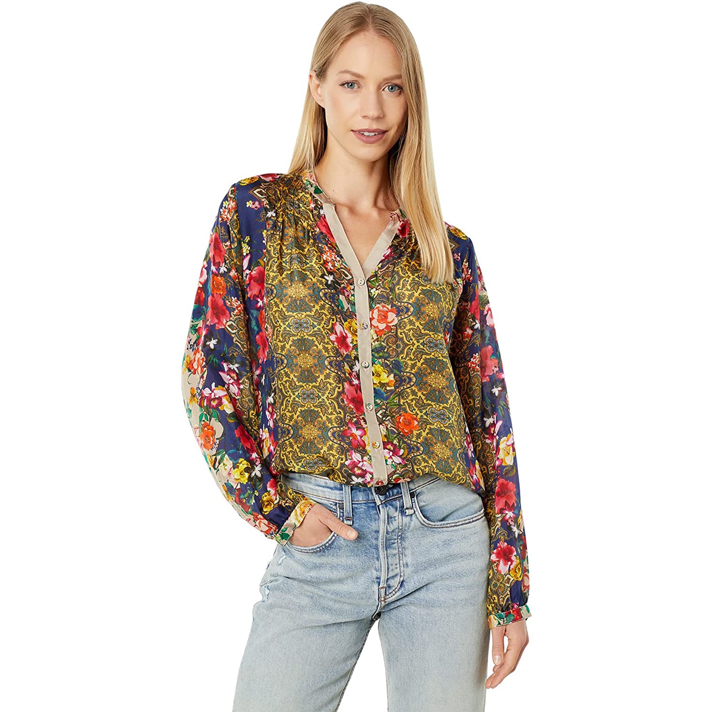 Johnny Was Women's Multi Color Long Sleeve V-Neck Button Down Print 100% Silk Blouse Top