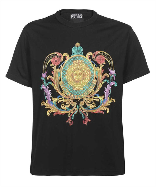 Versace Jeans Couture Cotton Printed Logo Black T-Shirt with Multi Color Medusa Logo