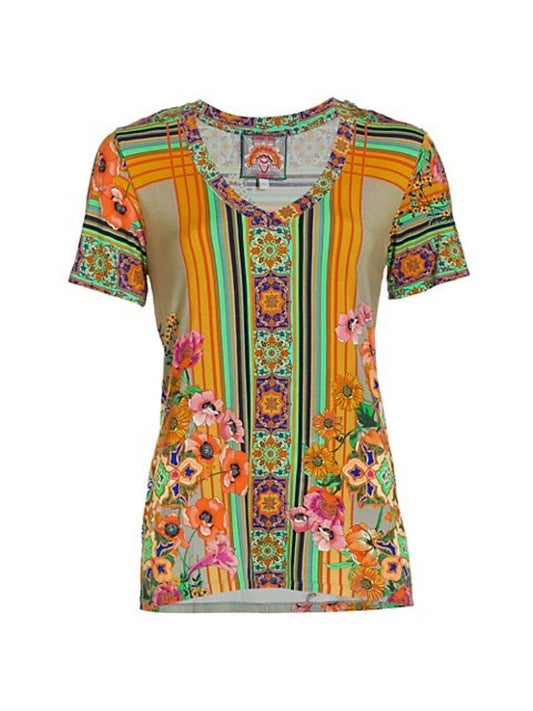 Johnny Was Women's Paisley Design V-Neck Short Sleeve Bamboo Knit Tee