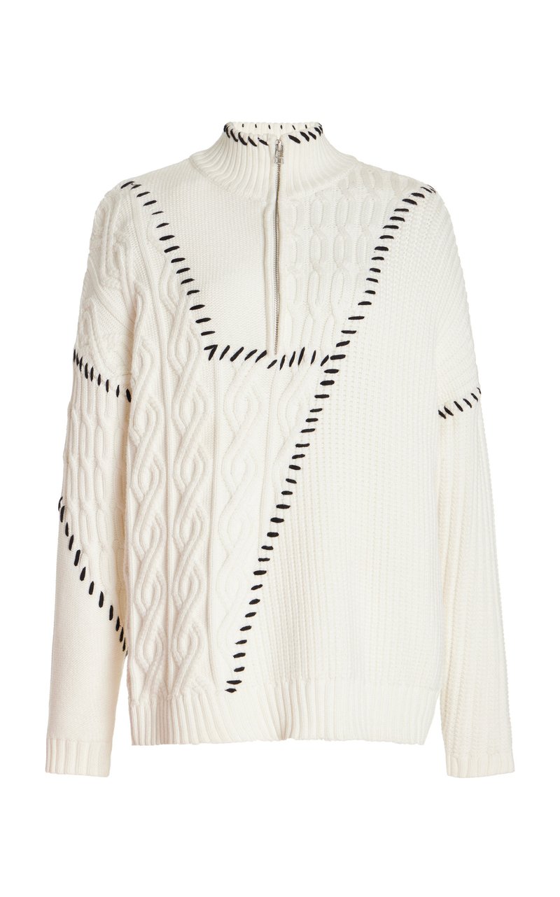 Staud Women Ivory Hampton Chunky Half Zip Long Sleeves Knitted Sweater