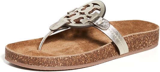 Tory Burch Women's Miller Cloud Metallic Spark Gold Leather Thong Slides Sandals Shoes