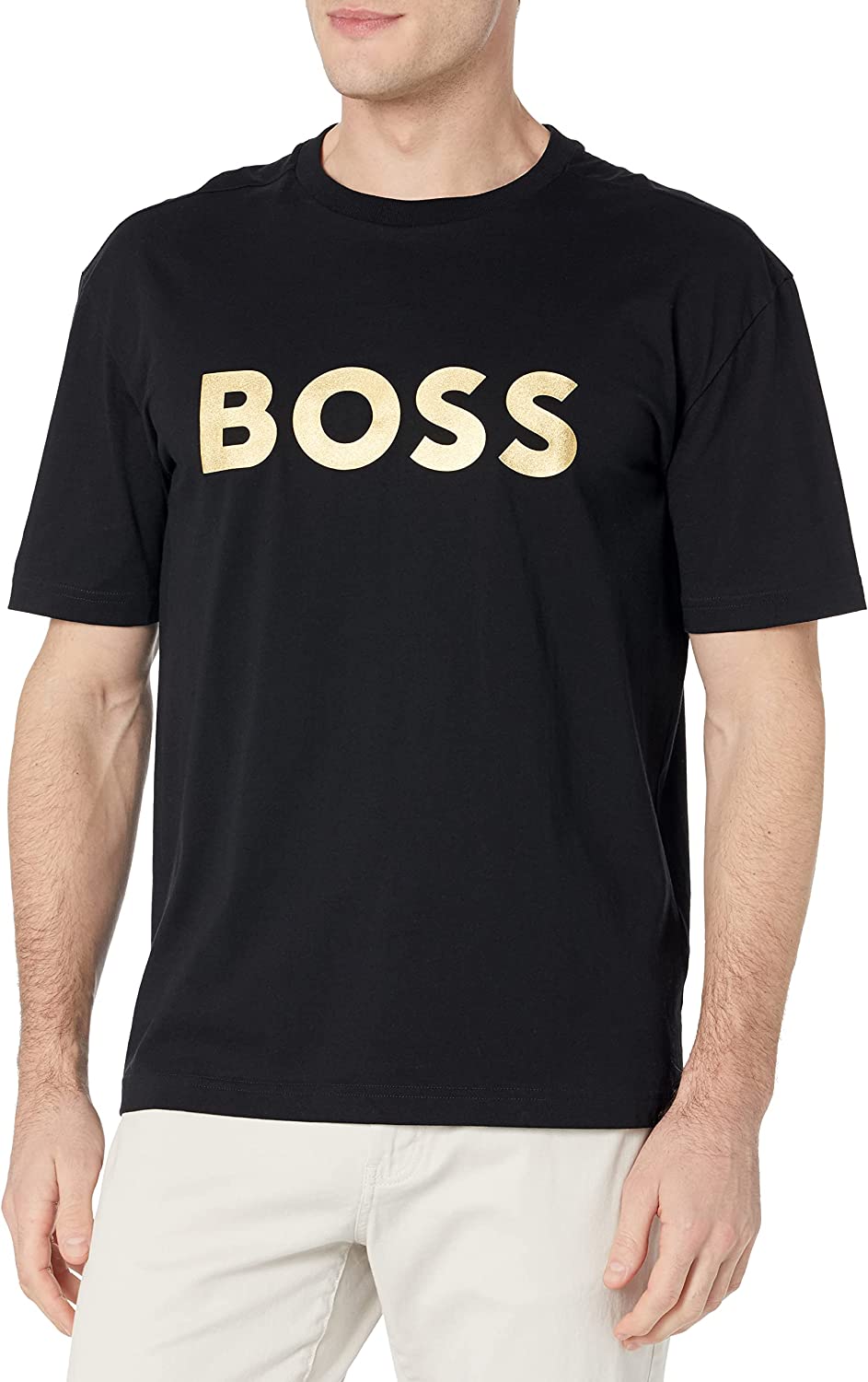 HUGO BOSS Men's Big Logo Jersey Cotton T Shirt, Coal Black with Gold