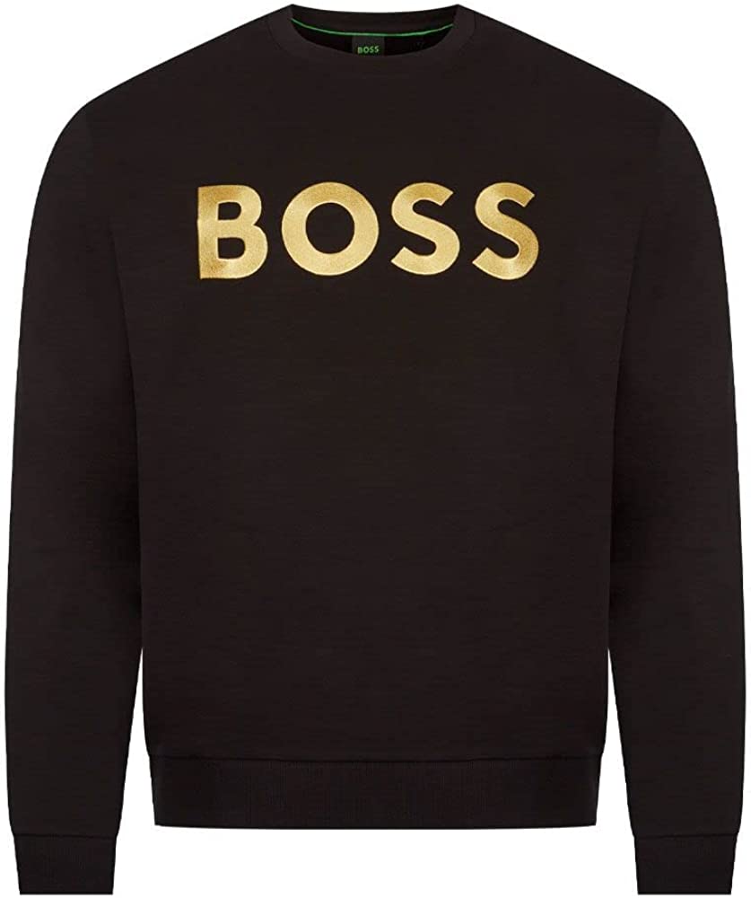 HUGO BOSS Men's Bold Logo Crewneck Sweatshirt, Coal with gold logo