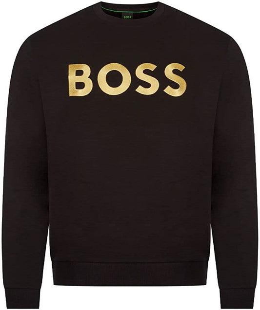 HUGO BOSS Men's Bold Logo Crewneck Sweatshirt, Coal with gold logo