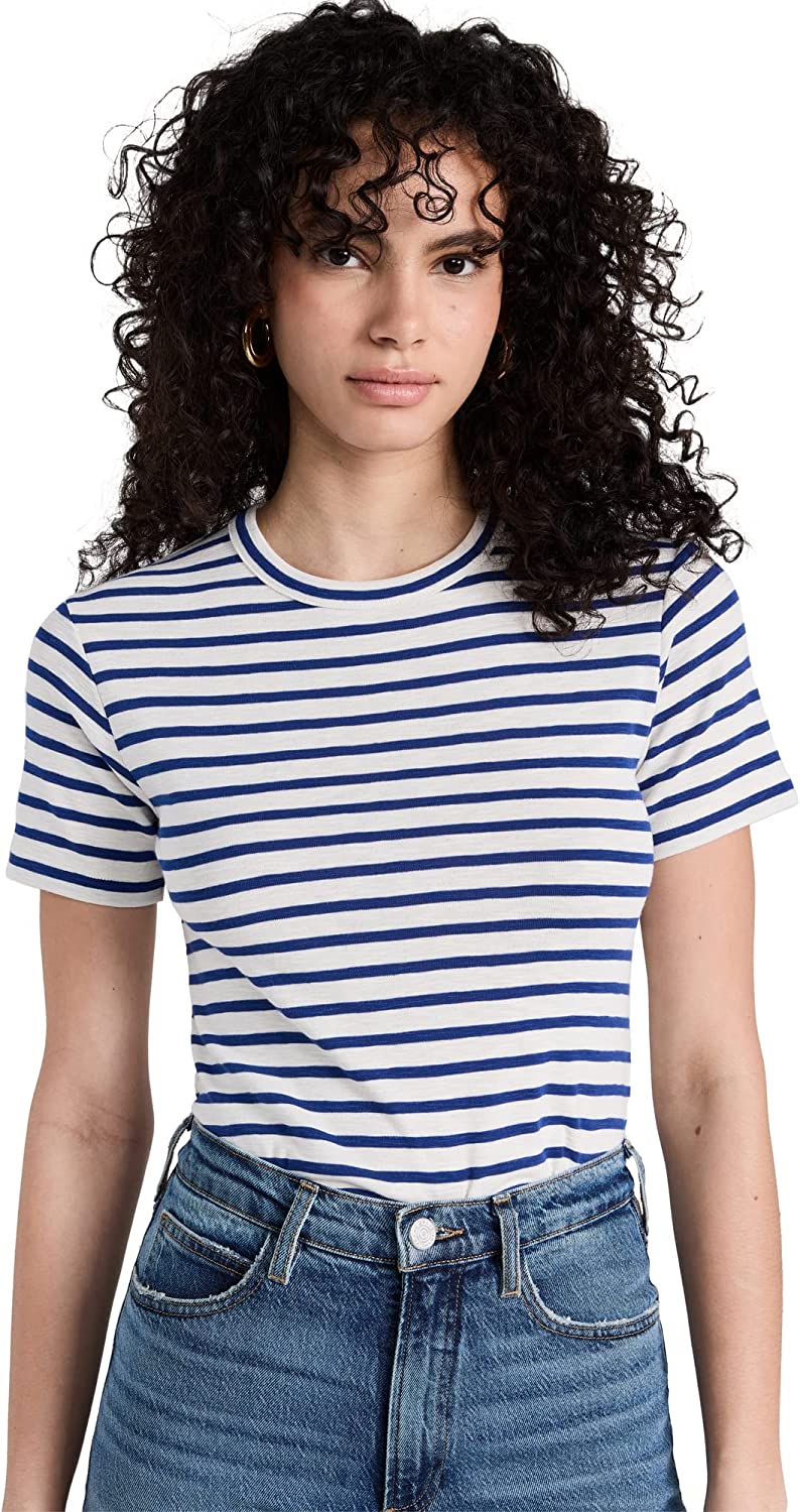 Vince Women's Striped S/S Crew, Gesso/LT Marina T-Shirt