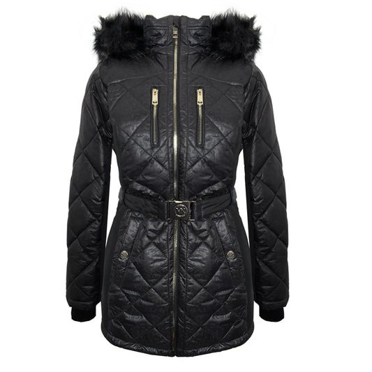 Michael Michael Kors Women's Black Scuba Stretch Quilted Belted Coat with Hood