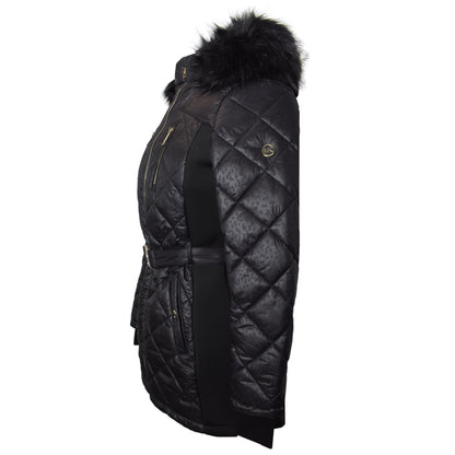 Michael Michael Kors Women's Black Scuba Stretch Quilted Belted Coat with Hood